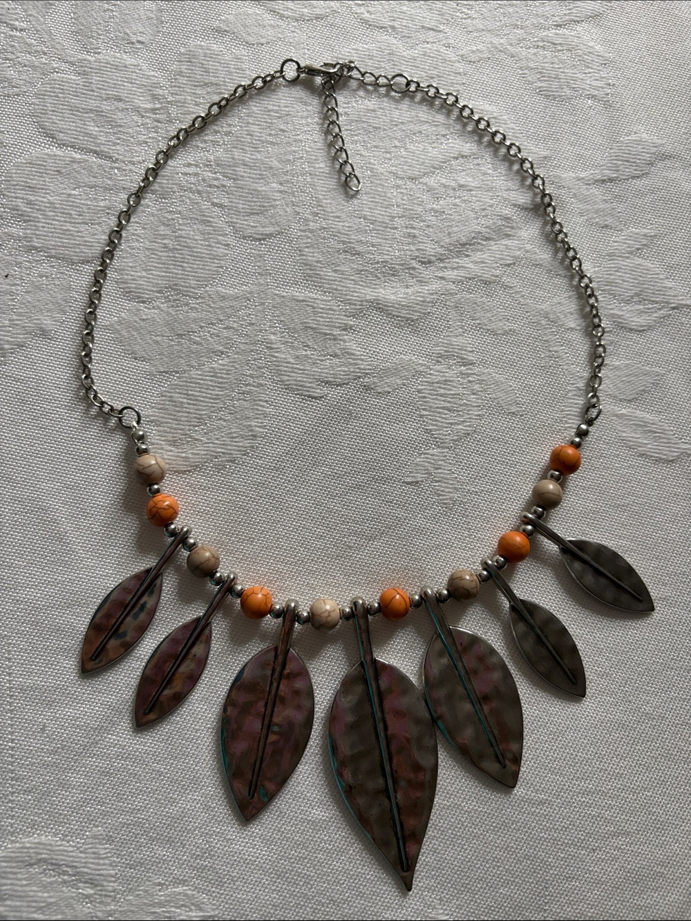 Boho Leaf Pendant Necklace with Orange Beads